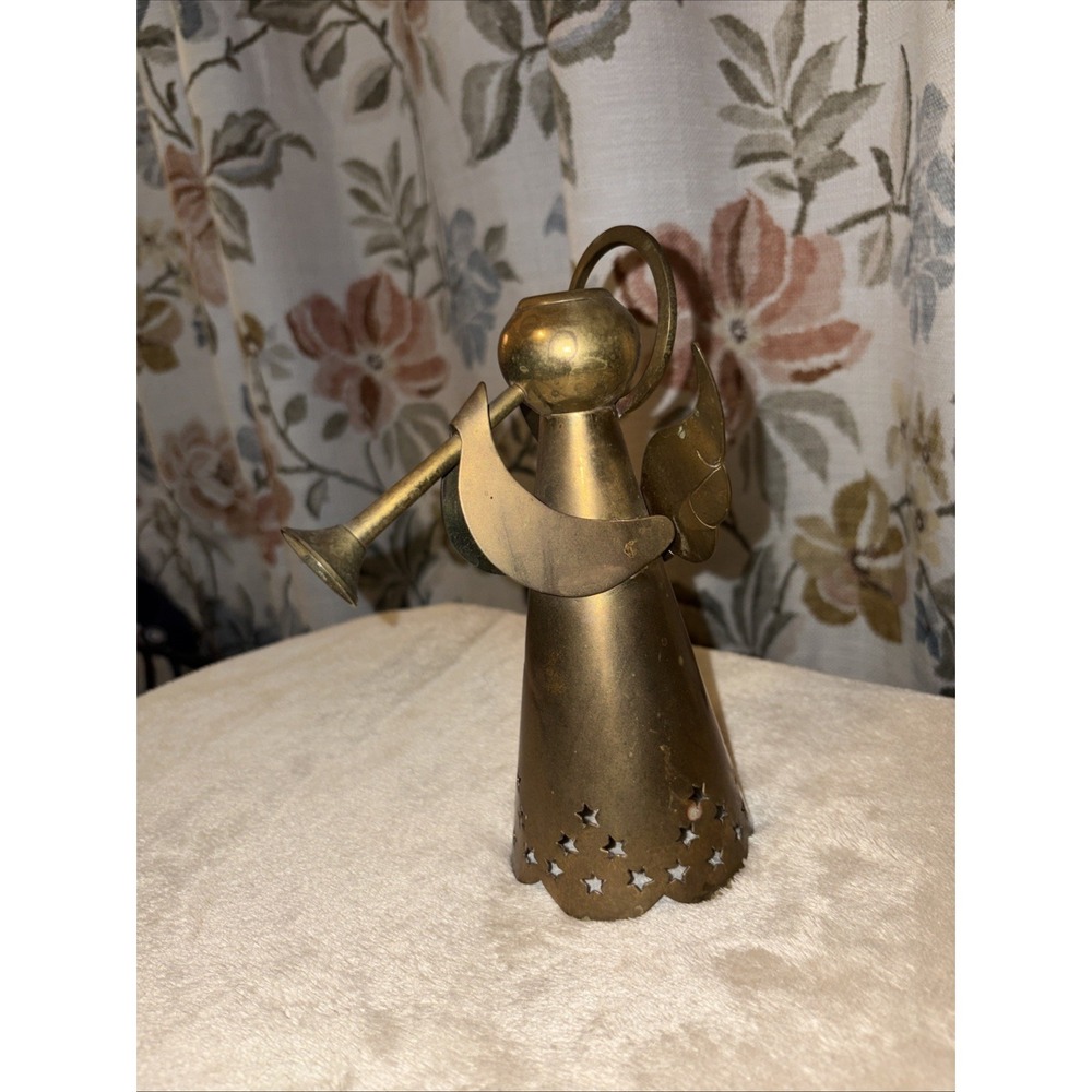 Vintage Solid Brass Angel Candle Holder With Trumpet